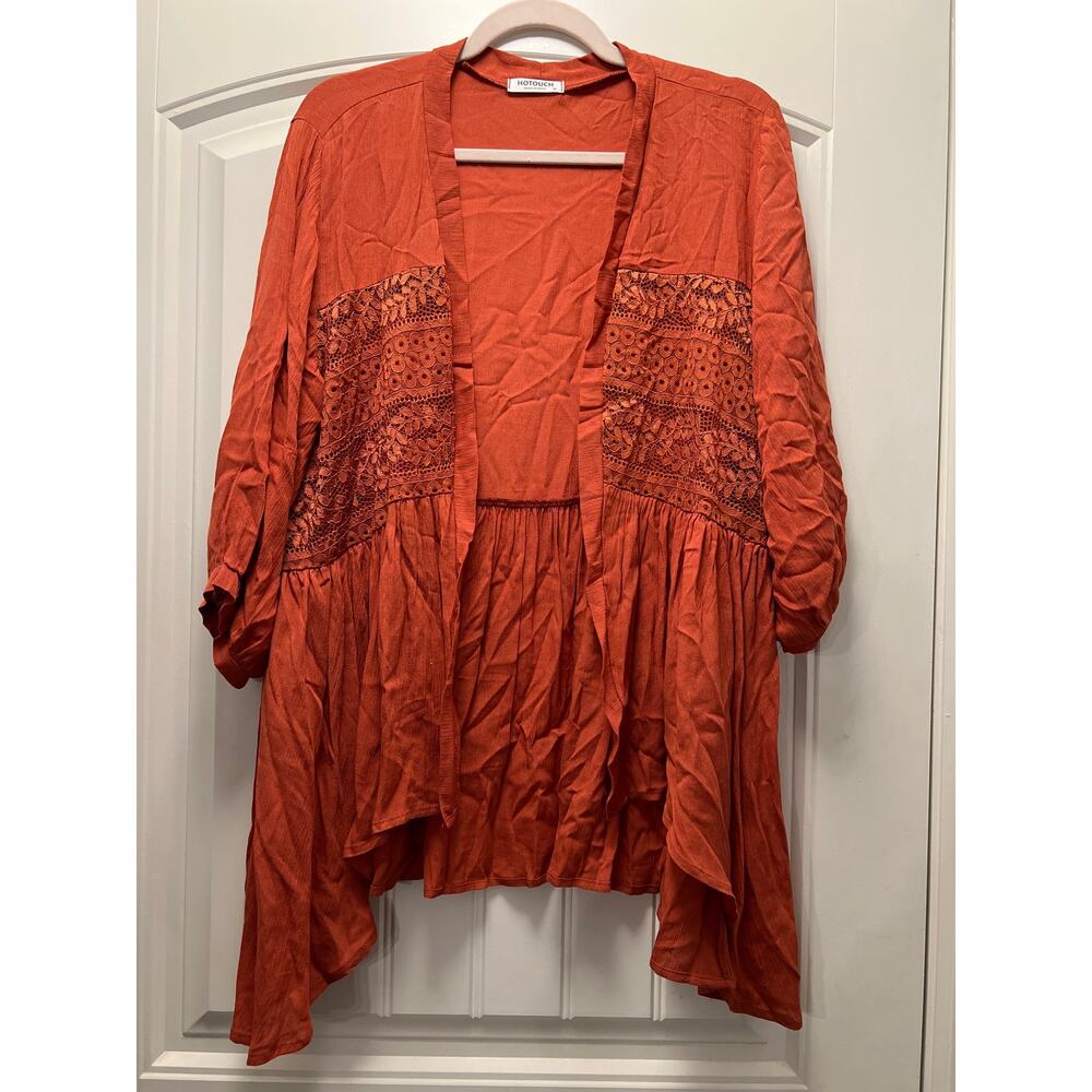 Hotouch Women’s 3/4 Sleeve Pleated Lace Open Front Cover Up
Size M Burnt Orange